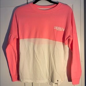 long sleeve tee shirt, Jamaica, pink and white.